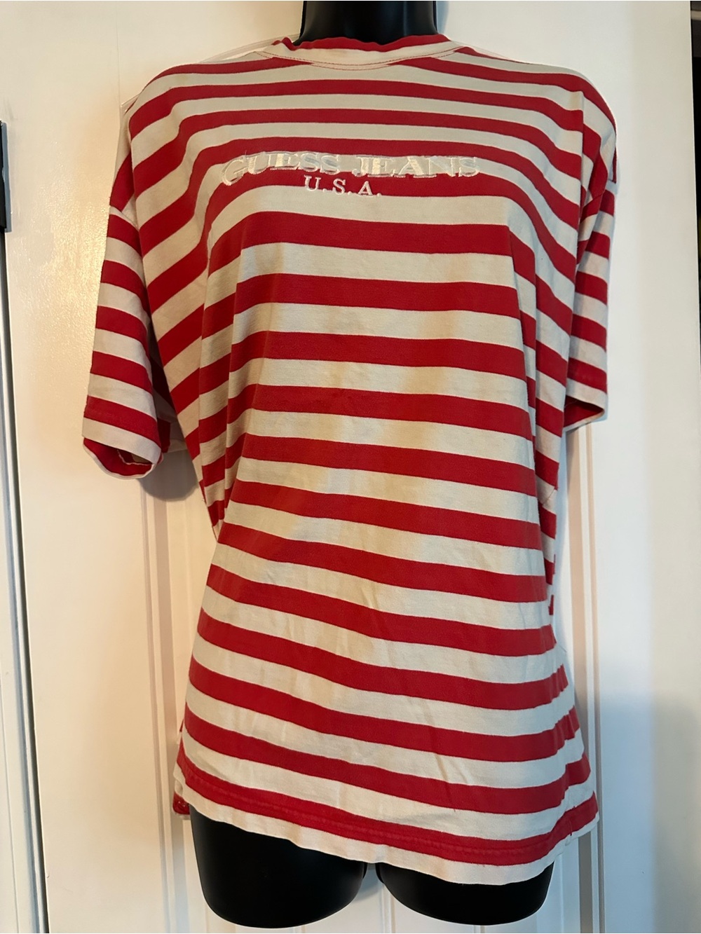 Guess Red and White Striped Short Sleeve Tee